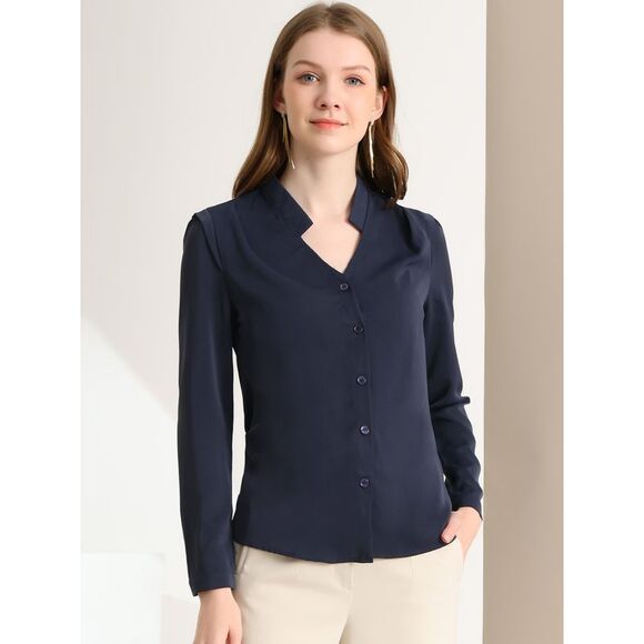 Blouse Button Up Long Sleeve V Neck Chiffon Shirt Navy Blue - Picture 2 of 6